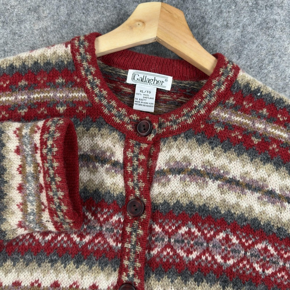 Gallagher Cardigan Sweater Womens XL Multicolor 100% Wool Fair Isle Button Knit